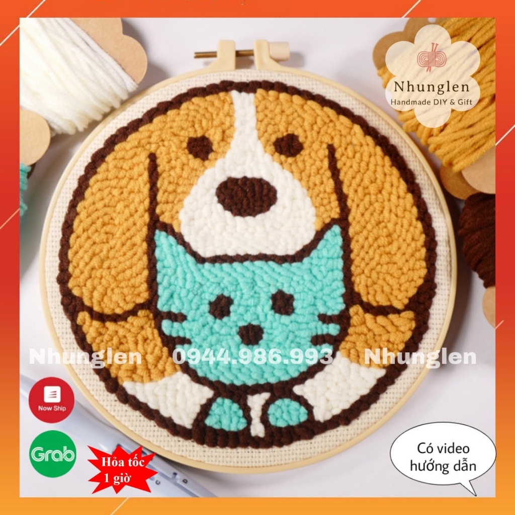 DIY Bộ Thêu Len Xù Chó Mèo- Punch Needle Decor -  Qùa Tặng Handmade Ý Nghĩa