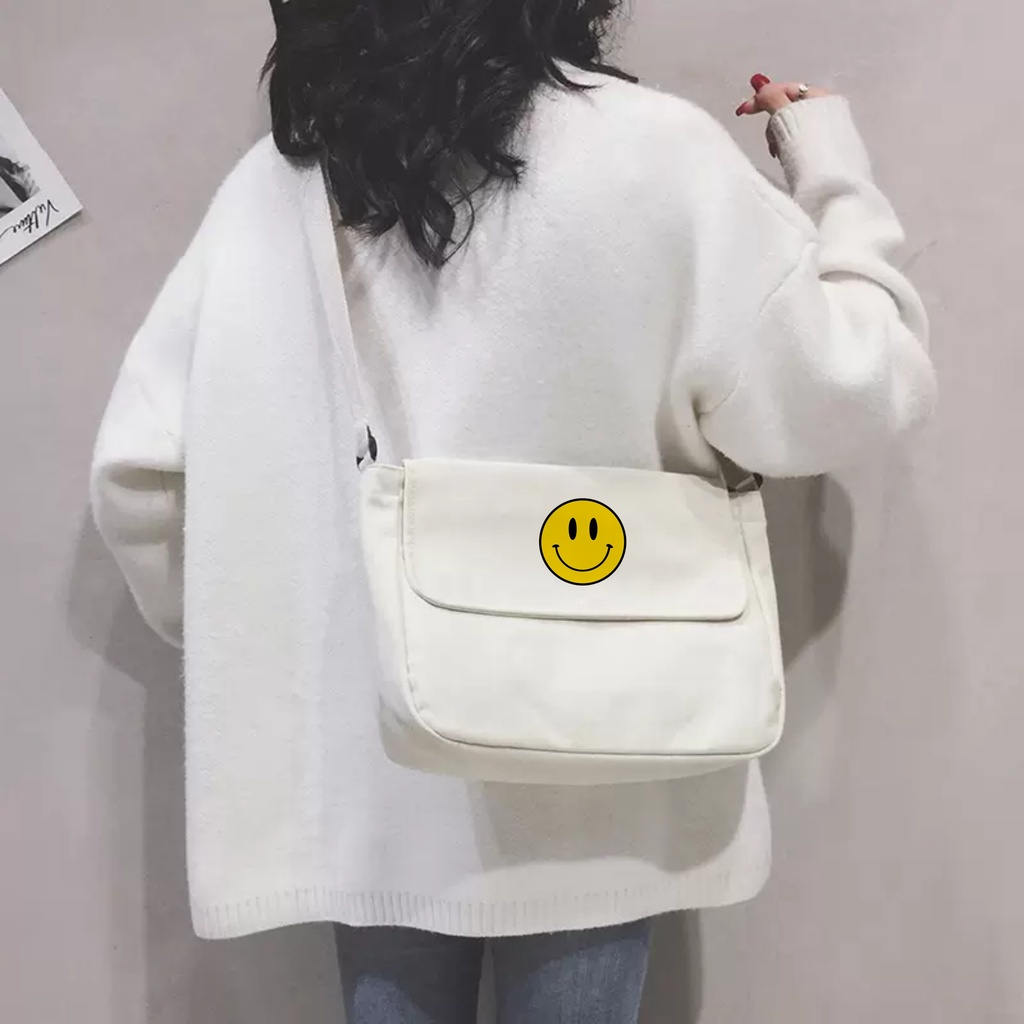 Size lớn_có khóa + túi con có khóa _túi tote chéo mặt cười chất vải canvas nam nữ
