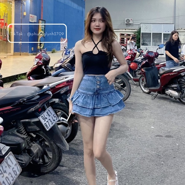 Chân váy jean ngắn , chân váy xoè tầng bèo phối cút giữa , chất jean co dãn loại 1 PLQ52