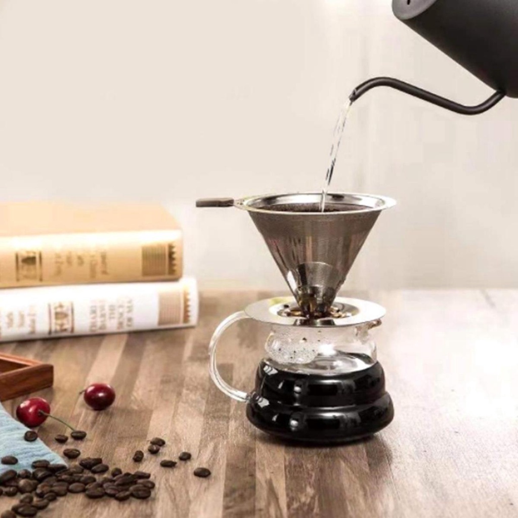 Cốc Lọc Cà Phê Bằng Thép Không Gỉ V60 Thân Thiện Với Môi Trường Kèm Giá Đỡ Hình Nón