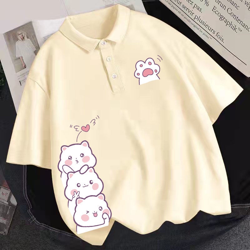 Áo Thun POLO Tay Ngắn Dáng Rộng In Họa Tiết Dễ Thương Thời Trang Mùa Hè Cho Nữ