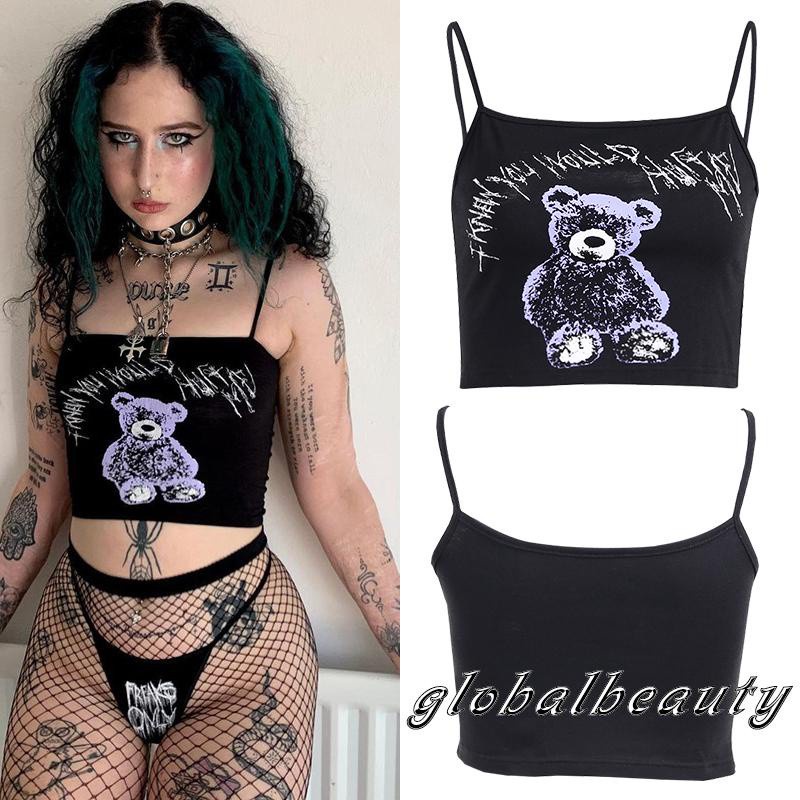 Áo Croptop Hai Dây In Họa Tiết Gấu Và Chữ Phong Cách Gothic Quyến Rũ Dành Cho Nữ | BigBuy360 - bigbuy360.vn