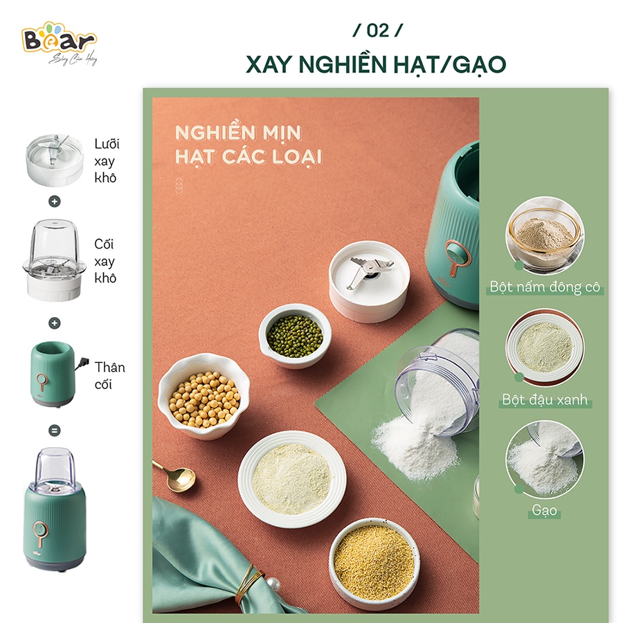 [Bear Chính Hãng]Máy xay sinh tố Bear 3 trong 1 BL-B10V2 màu xanh công suất 300W mạnh mẽ, 3 cối xay-3 loại lưỡi dao sắc.