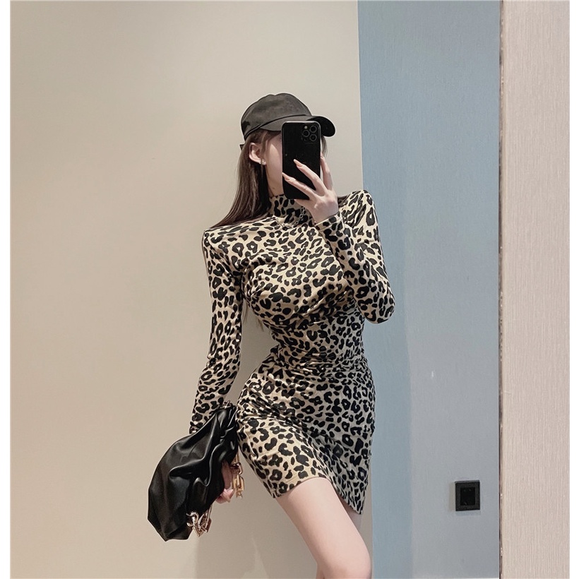 Đầm ôm dáng cổ tròn họa tiết da báo thời trang thu đông hàng mới