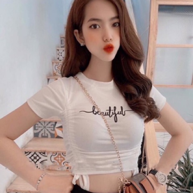 Áo croptop dây rút thêu chữ 6 màu thun cotton loại xịn RICH STORE CRT25