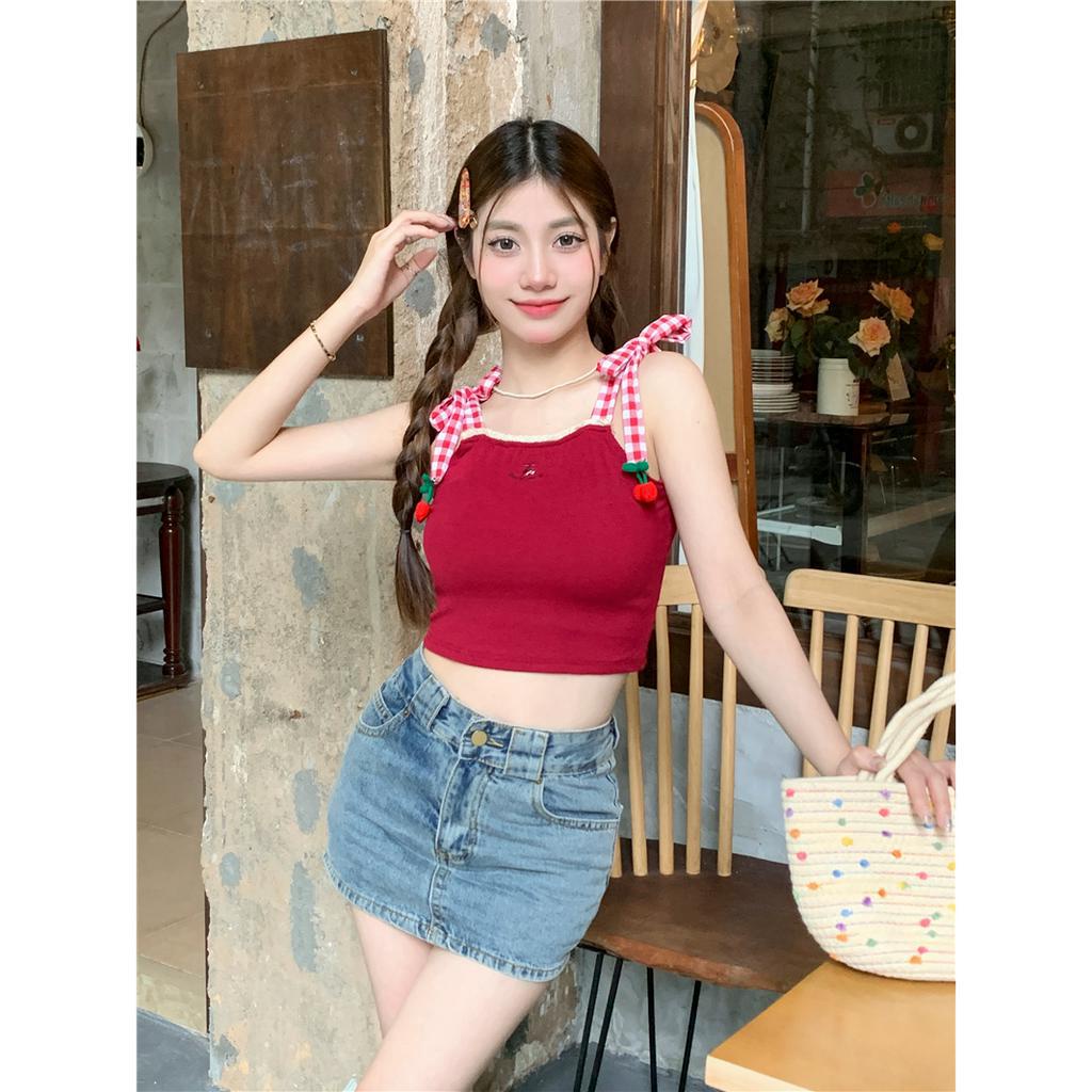 Lalisas Áo Croptop Hai Dây Viền Ren Thêu Họa Tiết Gia Vị Ngọt Ngào Quyến Rũ Cho Nữ