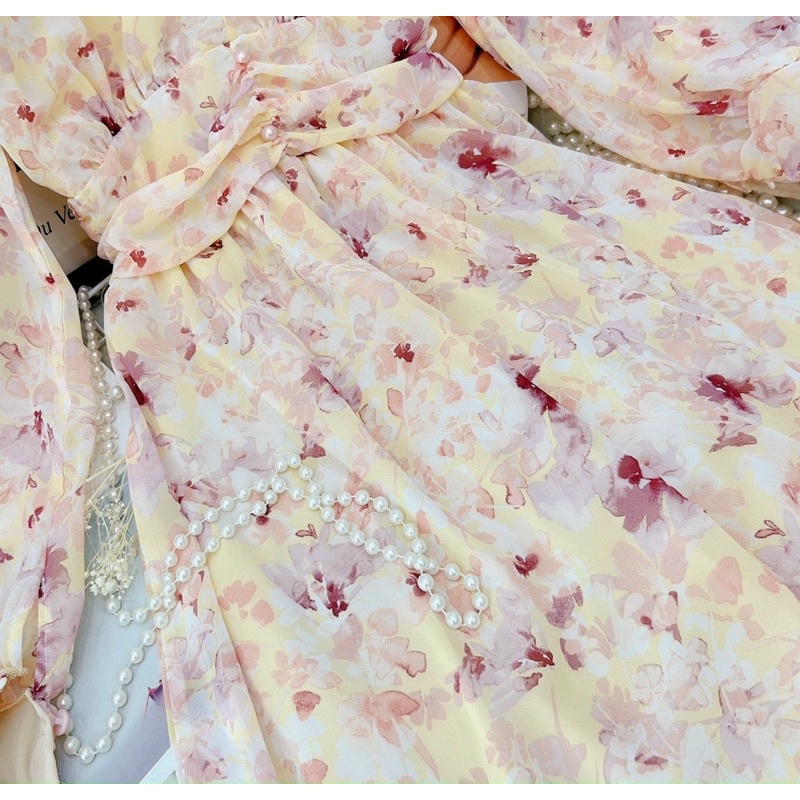 Jumpsuit/jump/đầm váy voan hoa tay dài đính nút ngọc, thời trang hot girl tiểu thư công chúa đi chơi dạo phố dự tiệc
