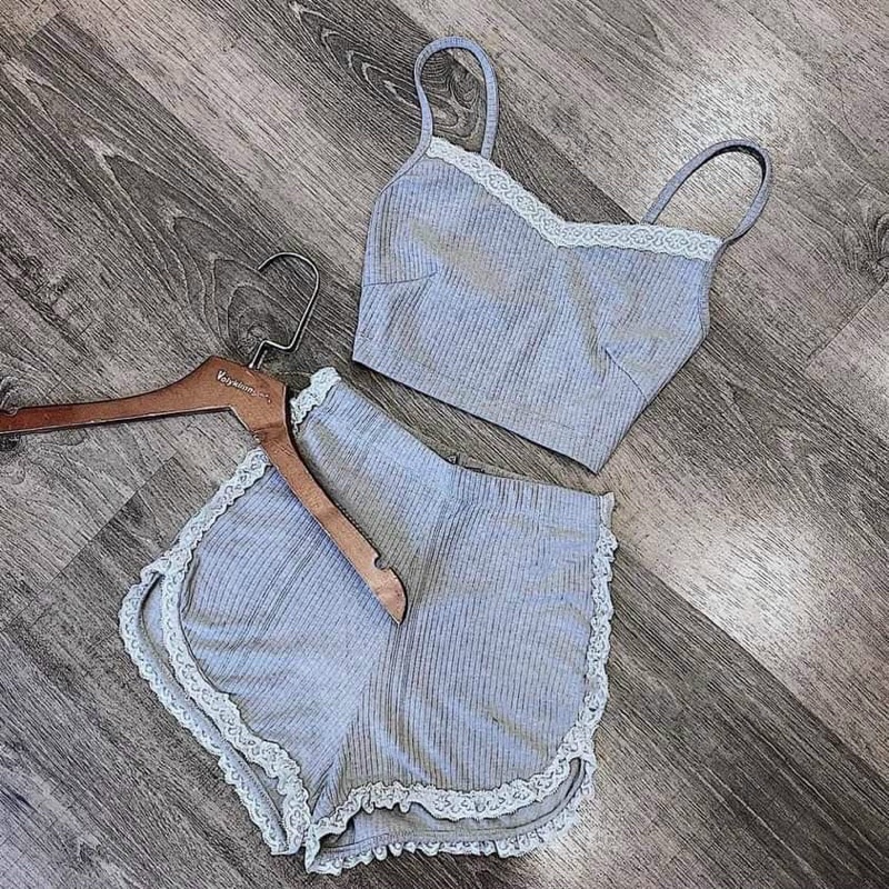 [FREESHIP] Set áo hai dây + quần đùi phối ren chất cotton co giãn ba màu siêu xinh và thoải mái
