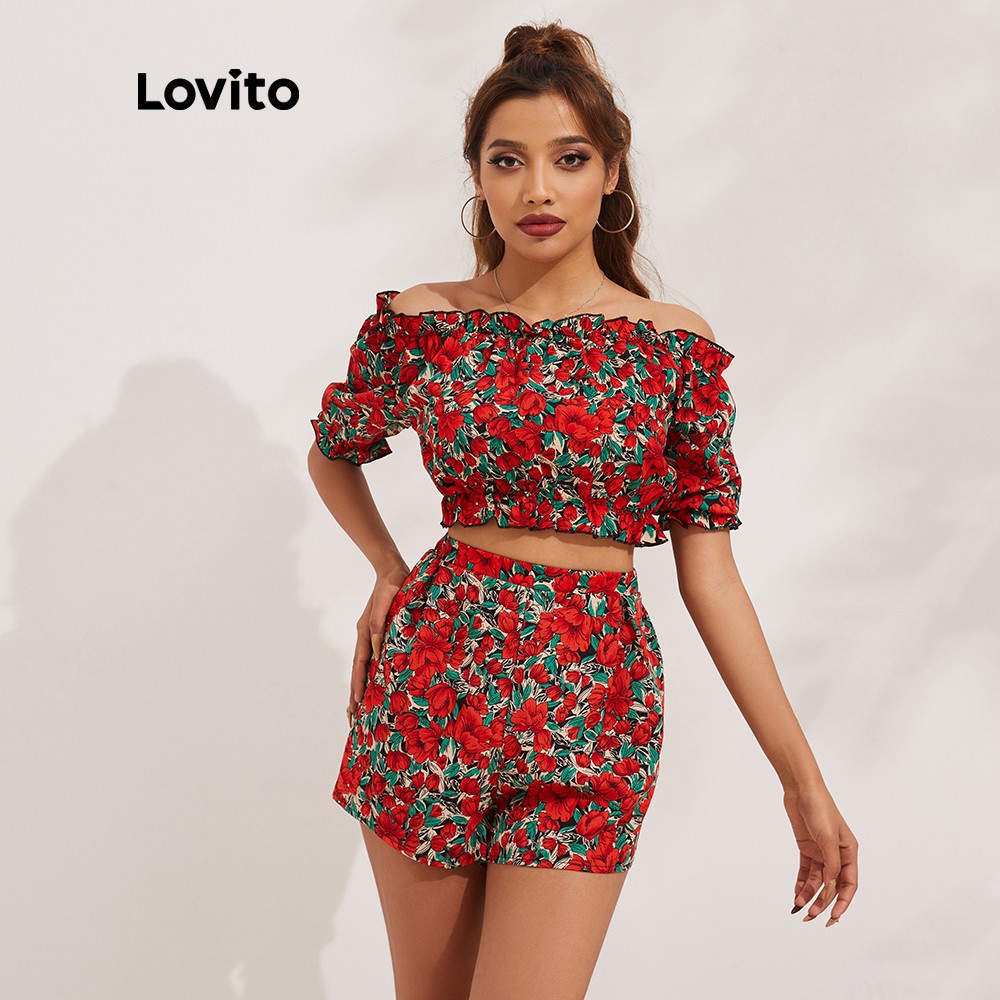 Bộ quần áo 2 mảnh Lovito ôm vừa vặn viền nhún bèo dệt chun in hoa toàn bộ phong cách Boho L13X113 (Màu đỏ)