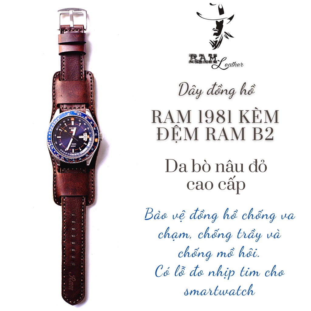 Dây đồng hồ RAM Leather vintage da bò thật RAM Leather Classic 1981 + B2 màu nâu đỏ kiểu quân đội