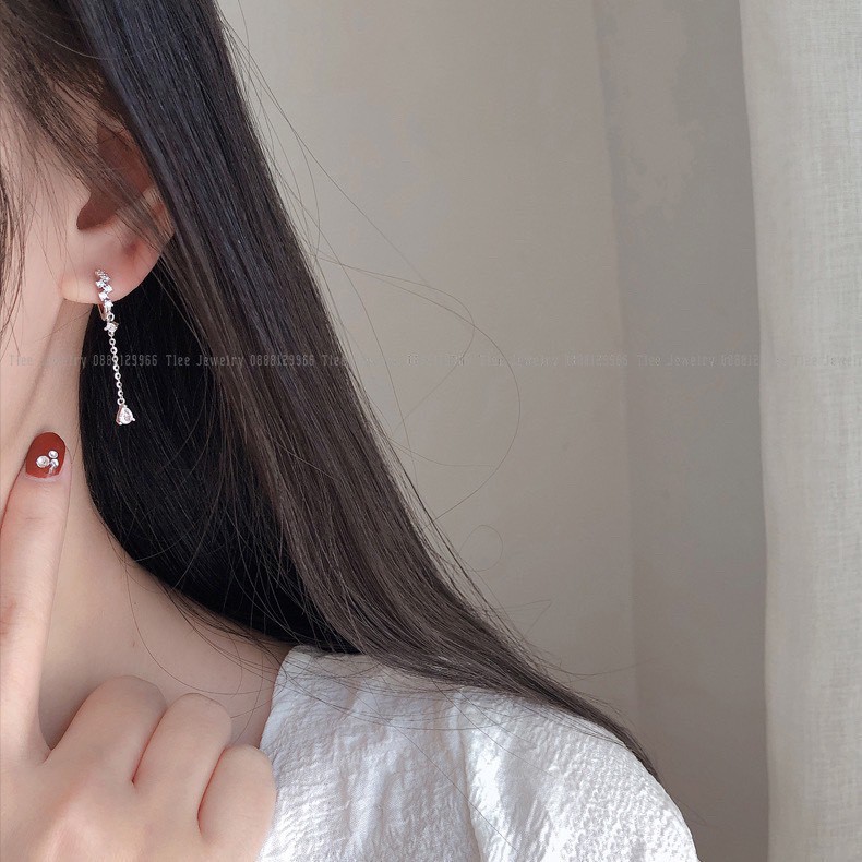 Khuyên tai bạc Tlee, bông tròn tua đá dài nữ tính - TleeJewelry