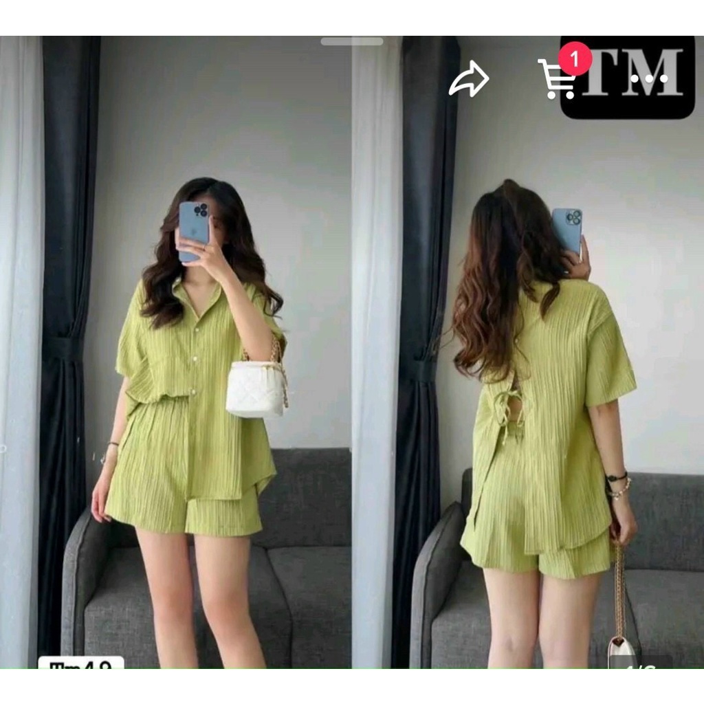 Set áo sơ mi nơ lưng và quần ngắn xinh xắn
