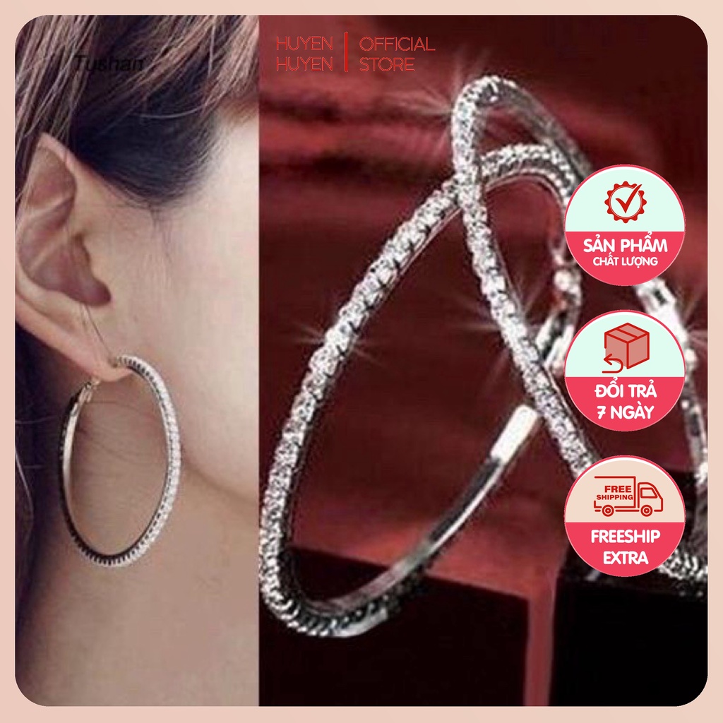 Hoa tai tròn đính đá 3 size to vừa nhỏ sang chảnh