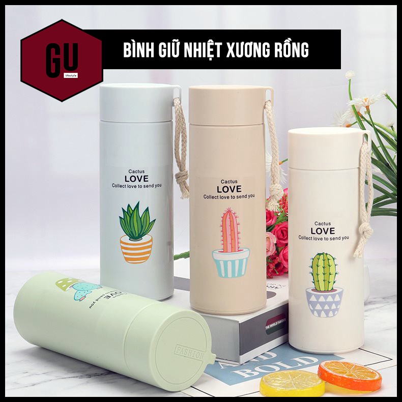 Bình giữ nhiệt xương rồng CÓ GU lõi thủy tinh bọc nhựa lúa mạch, có dây xách, dung tích 450ml cực dễ thương