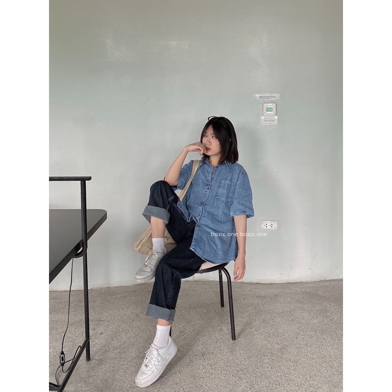 Áo sơ mi denim 1 túi, sơ mi bò cộc tay 1 túi Bazic one | BigBuy360 - bigbuy360.vn