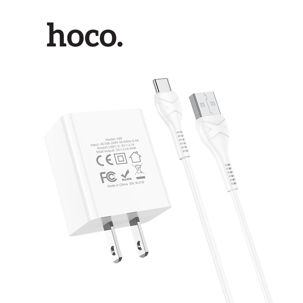 Bộ sạc Hoco C89 chân dẹt 2.1A kèm dây Type-C 2 cổng USB cho Android dài 1M