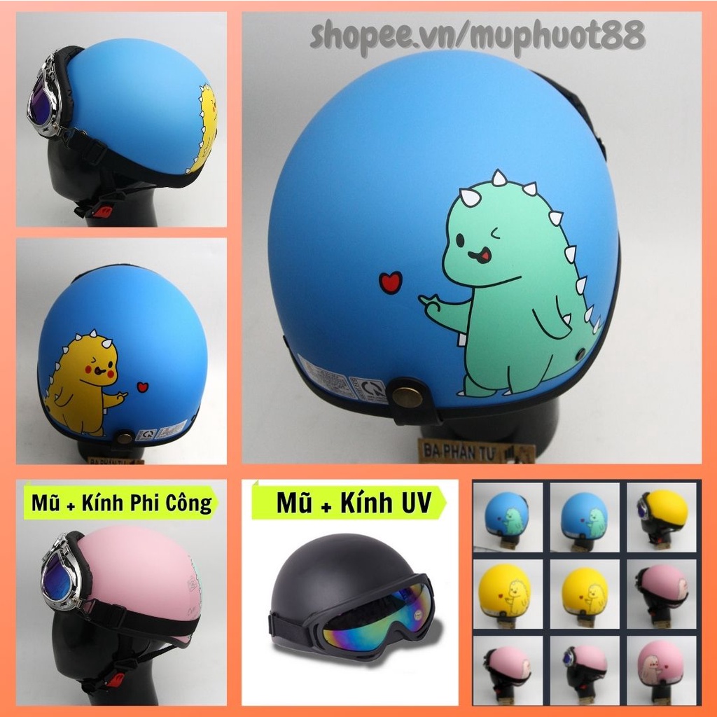 Mũ bảo hiểm nửa đầu 1/2 kèm kính, Tem khủng long xanh Mũ bảo hiểm đạt tiêu chuẩn