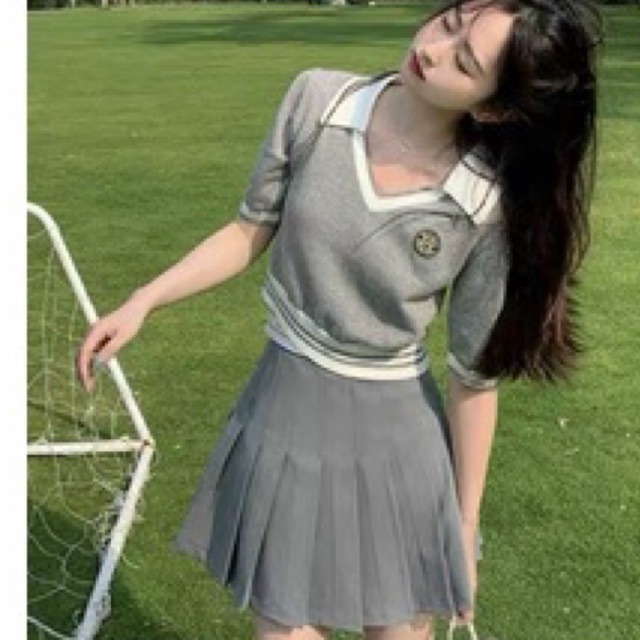 Áo len croptop cổ bẻ viền áo cộc tay