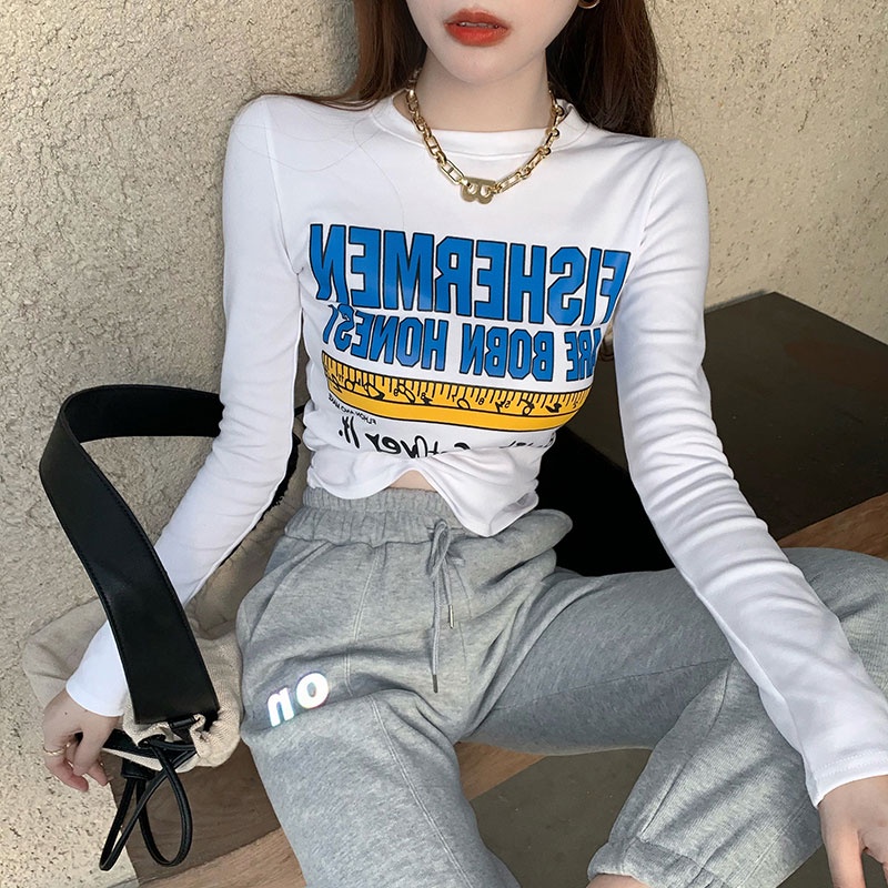 Áo Thun Cotton Tay Dài Lưng Cao Dáng Ôm Phong Cách Mới