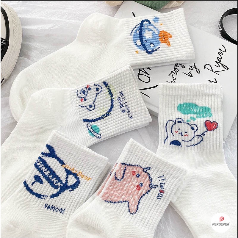 Tất trắng in hình vớ nữ cổ lửng phong cách hàn quốc chất cotton thoáng khí covolacotat