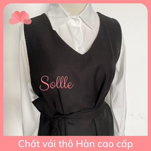Set váy yếm đen kèm đầm dài trắng xếp ly thắt nơ eo xinh xắn 3IN1 Sollle Hàn Quốc