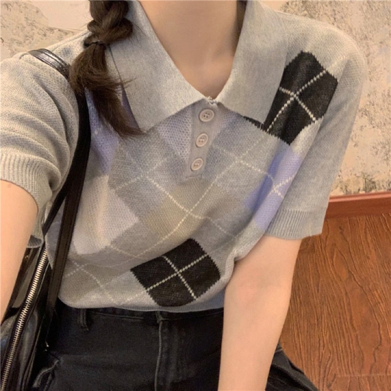 Áo Polo ngắn cổ hoạ tiết hình thoi