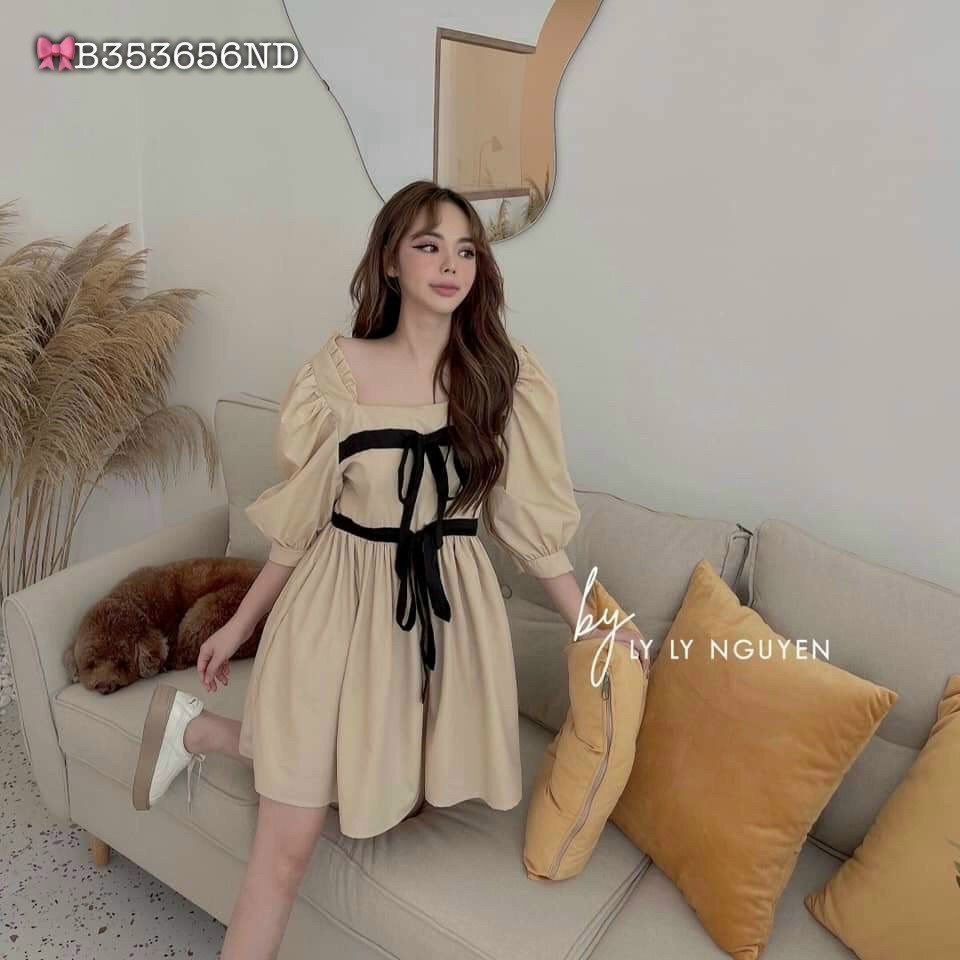 Đầm cổ vuông thắt nơ