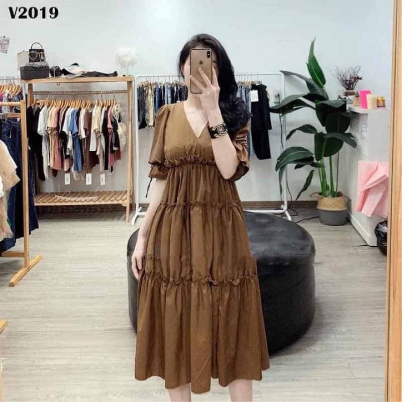 Váy suông babydoll 3 tầng, cổ V, đầm xuông rộng freesize, tay bo phồng siêu xinh -HD20