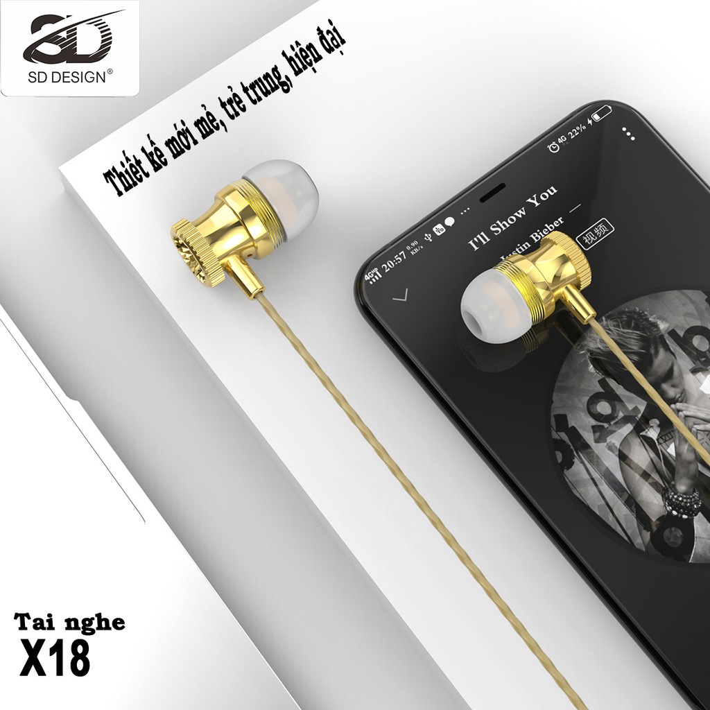 Tai Nghe dây Nhét Tai SD Design X18 với jack cắm 3.5mm tương thích với mọi dòng điện thoại, thiết bị điện tử