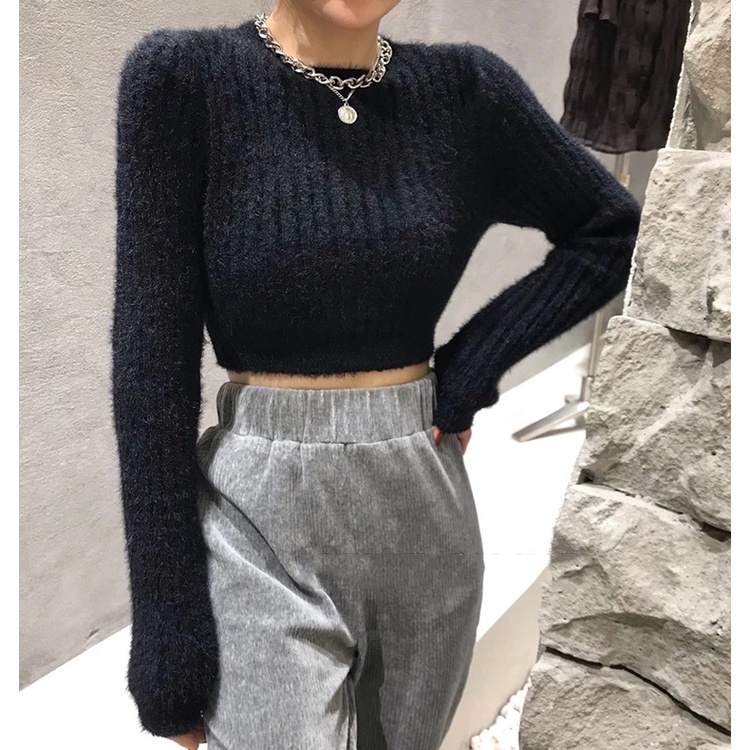 Áo Sweater Dệt Kim Tay Dài Cổ Tròn Vải Nhung Thời Trang Cho Nữ