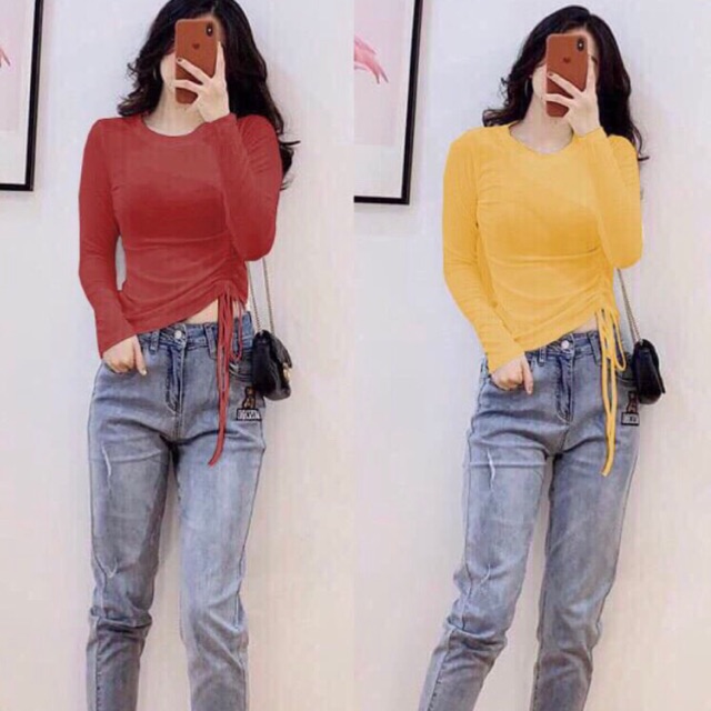 Tuyệt Áo thun trơn rút dây eo chuẩn