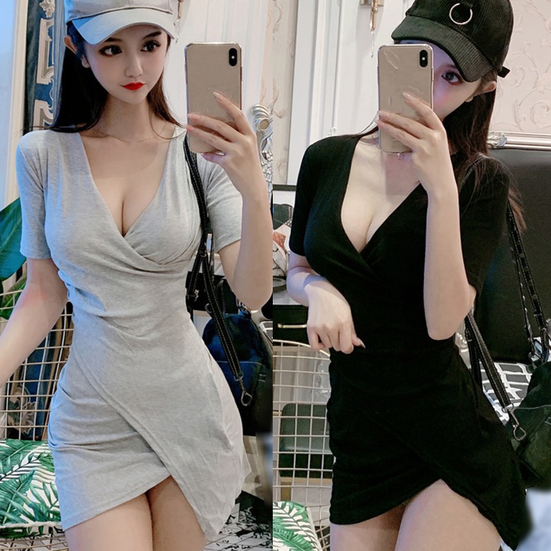 Đầm Tay Ngắn Cổ Chữ V Thiết Kế Lệch Tà Thời Trang Mùa Hè Cho Nữ