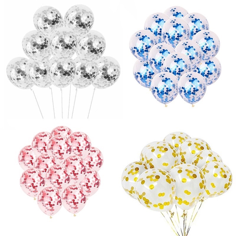 Set 5 Bong Bóng Trong Suốt Phối Hoa Giấy Kim Sa Kích Thước 12 Inch Dùng Trang Trí Tiệc Cưới