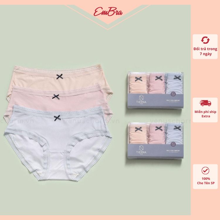 Hộp 3 chiếc quần lót nữ EMBRA cotton kháng khuẩn hoạ tiết viền hoa mã EBQL21