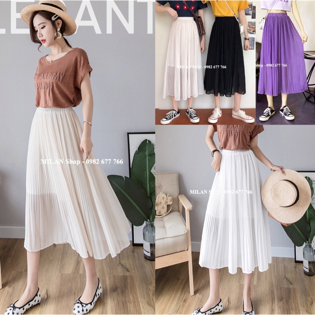 Chân váy voan dập ly dài qua gối hot trend