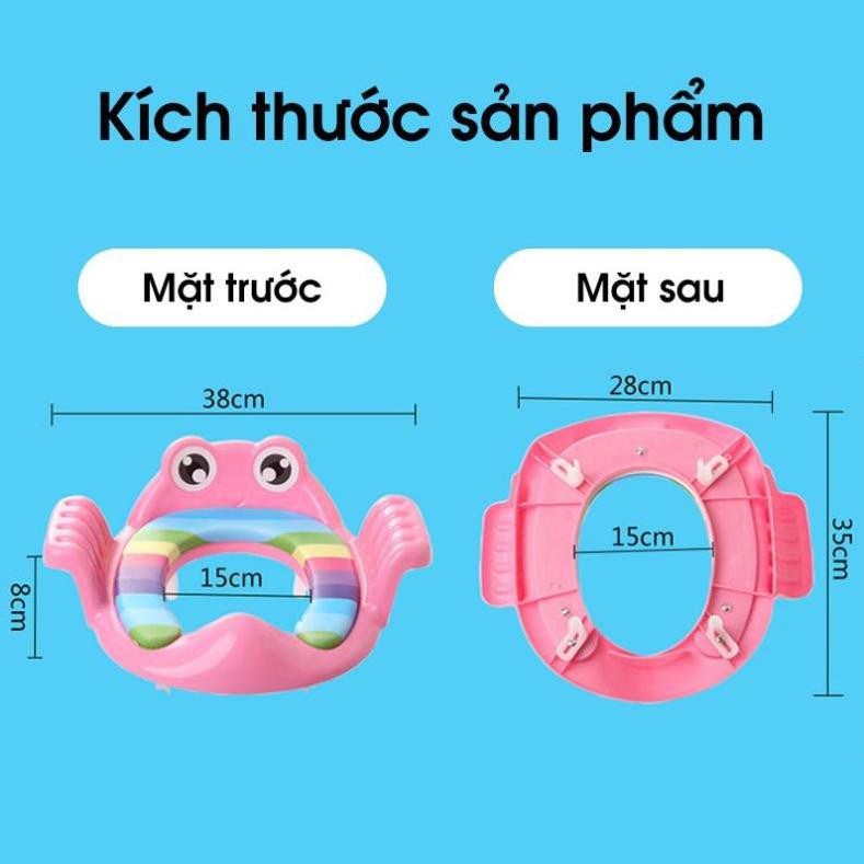 Bệ lót thu nhỏ bồn cầu có tay vịn, có đệm chống trơn trượt an toàn cho bé khi sử dụng, phù hợp cho bé từ 6 tháng tuổi