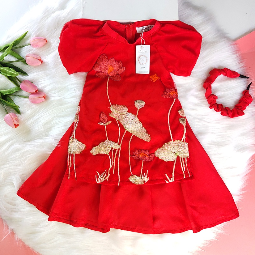 Áo dài cách tân cho bé gái 💥 HÀNG THIẾT KẾ MAY KỸ 💥 áo dài cách tân tay bồng thêu hoa sen cao cấp