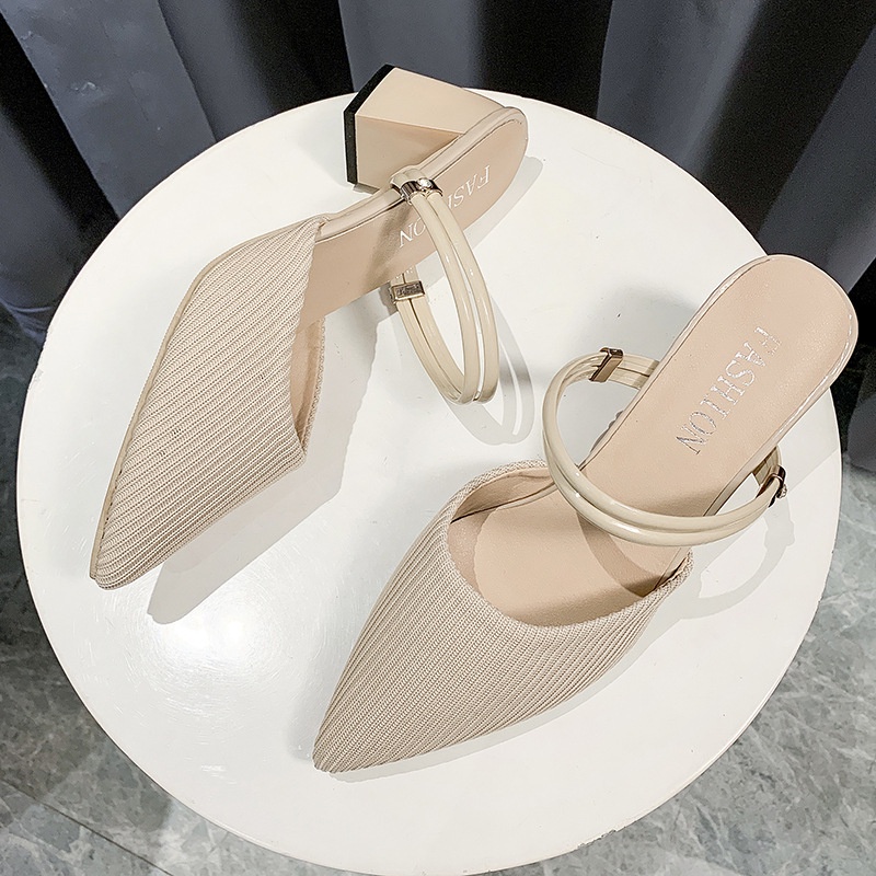 Dép Sandal cao gót đen nữ mũi nhọn hở gót phối dây cao 5cm big size 34-42