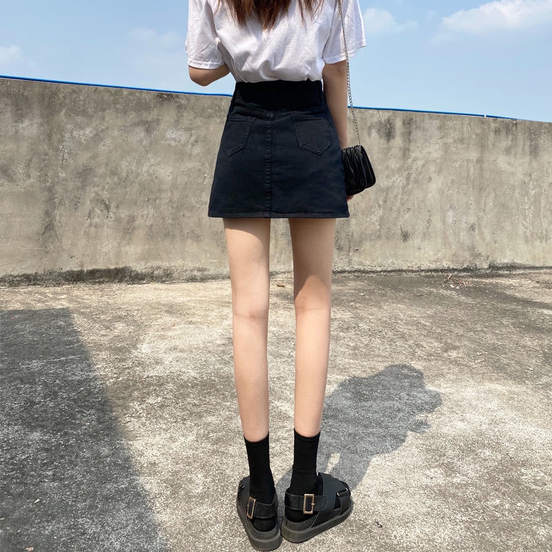 Jiashucheng Chân Váy Denim Đen Lưng Cao Thiết Kế Đơn Giản