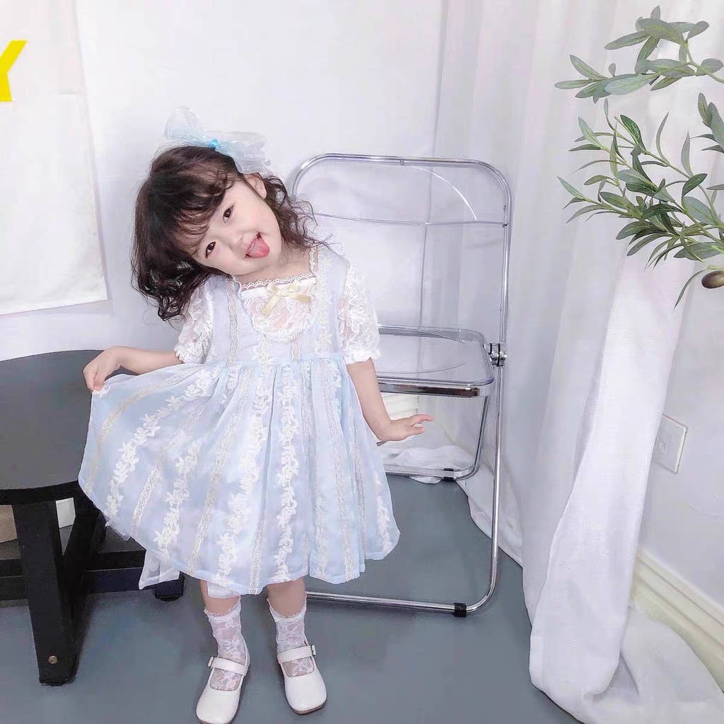 Váy bé gái dáng xòe tay bồng công chúa viền cổ bèo nhún VX10 - BÉ NHÀ THỊ
