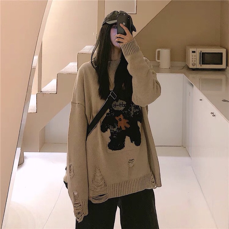 [HÀNG OD]Áo len Sweater Cổ Tròn Dáng Rộng Phối Rách In Hình Gấu Kiểu Hàn Quốc Cá Tính kèm ảnh thât | BigBuy360 - bigbuy360.vn