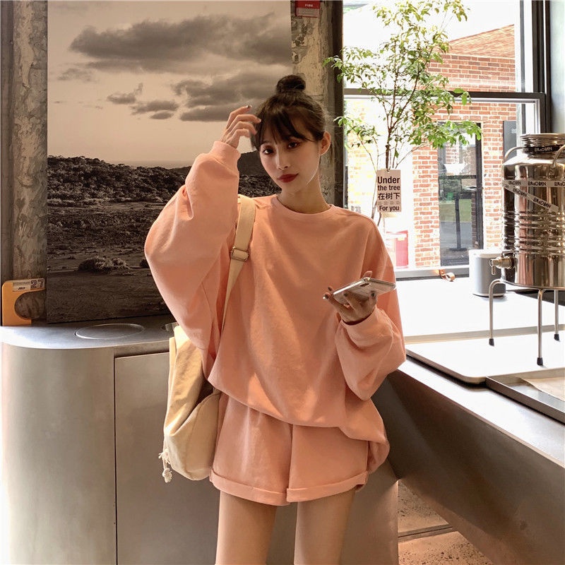 Bộ Đồ Thể Thao Áo Sweater Tay Dài Dáng Rộng + Quần Short Lưng Cao Ống Rộng Thời Trang Mùa Thu Cho Nữ