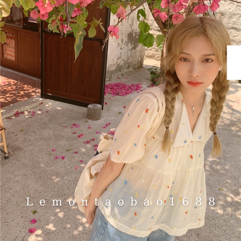 Áo chiffon tay ngắn cổ bẻ chữ V họa tiết dễ thương mùa hè