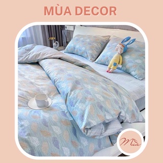 Bộ chăn ga và vỏ gối cotton living cao cấp Mùa Decor - Lá phông nền xanh