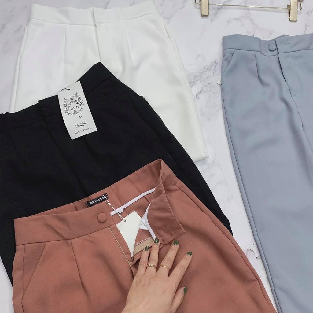 Quần baggy nữ chất liệu tuyết mưa Quần baggy công sở nữ cúc bọc vải có khóa trước