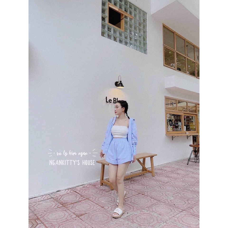 Sét bộ 3 món áo 2 dây bên trong và áo sơ mi phối hợp với quần cộc mặc dễ chịu thoáng mát 4màu đen trắng vàng và xanh màu