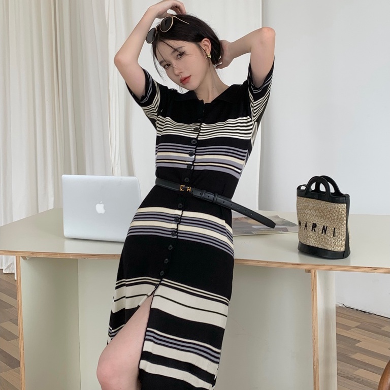 【Hana and Alice】Đầm Dệt Kim Cổ POLO Dáng Ôm Họa Tiết Kẻ Sọc Thời Trang Sang Trọng Cho Nữ