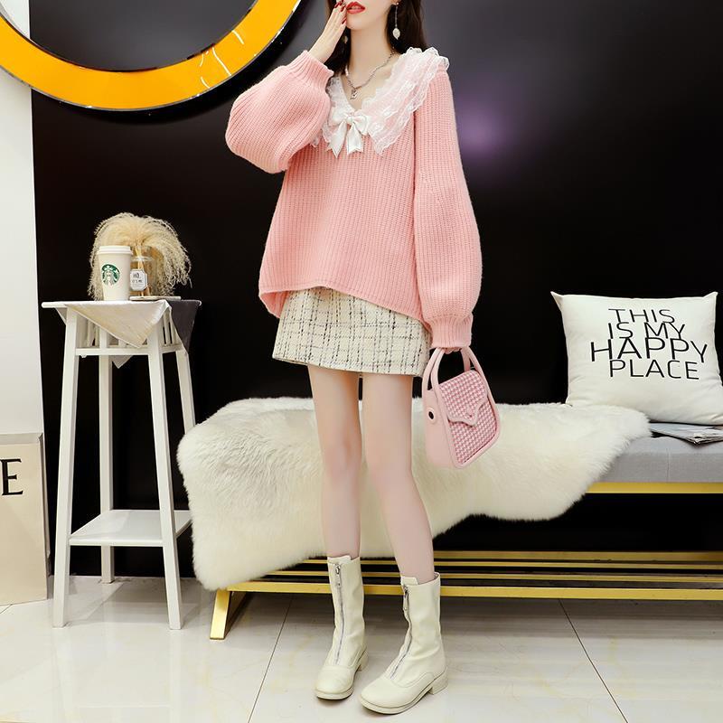 Áo sweater cổ chữ V phối ren thiết kế mới dành cho nữ 2021