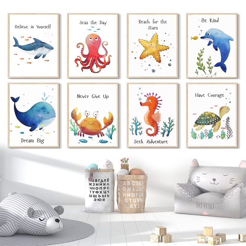 Tranh Vải Bạt Treo Tường In Hình Cá Voi / Rùa / Bạch Tuộc / Cá Voi Trang Trí Nhà Cửa