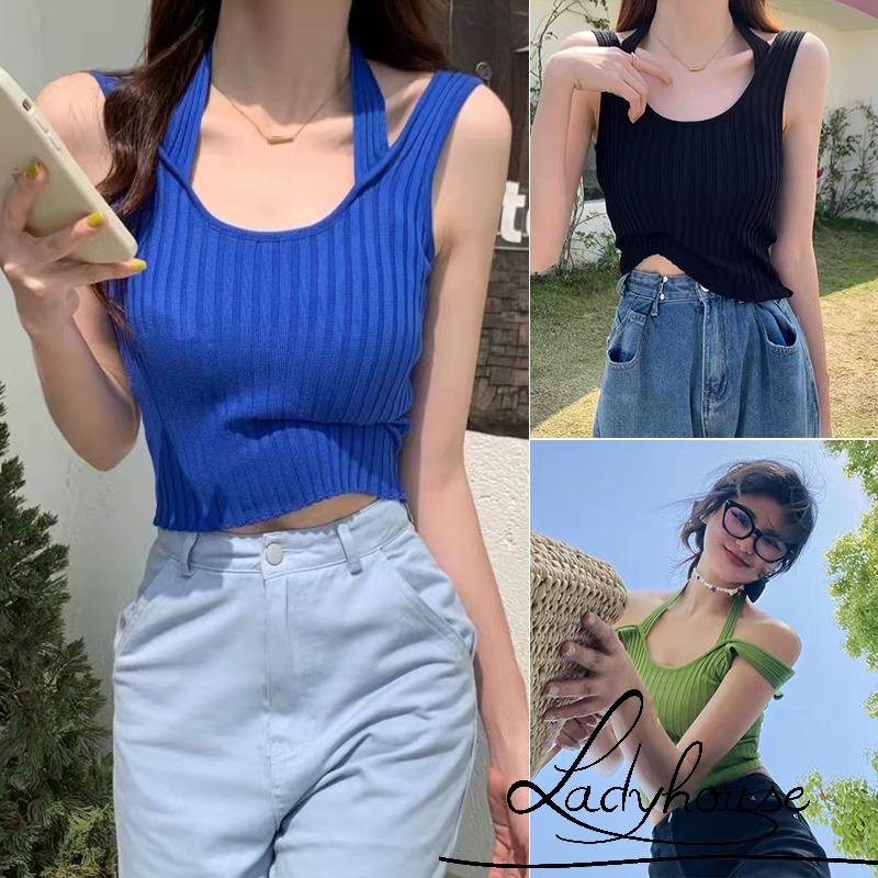 Ld-áo Hai Dây Giả Hai Mảnh Màu Trơn Ôm Dáng Gân Màu Xanh / Xanh Hoàng Gia / Đen Trơn Cho Nữ